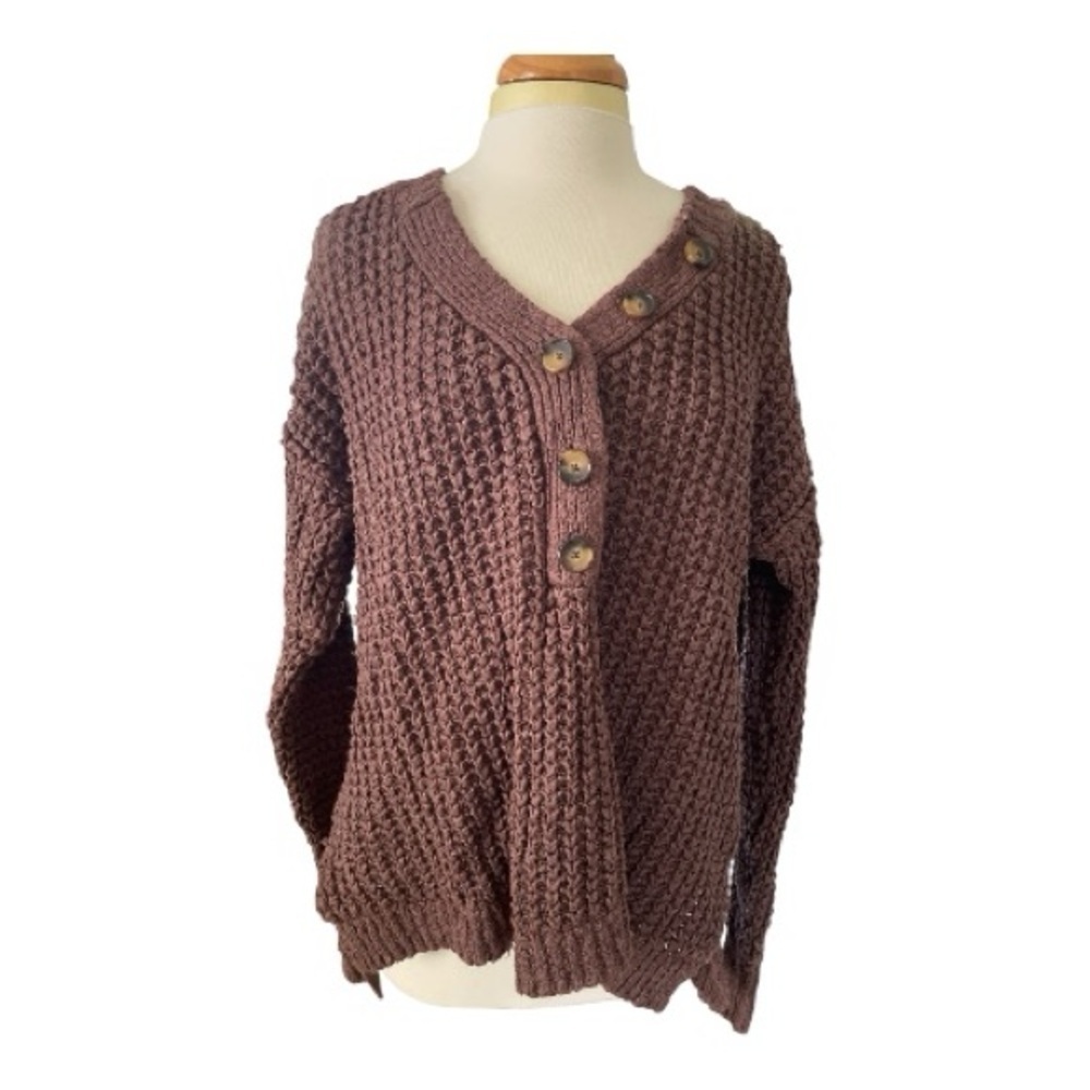 Free People Whistle Thermal Henley Cozy Sweater - Chocolate Brown - Picture 2 of 6